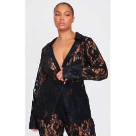 Plus Chemise En Dentelle Transparente Noire, Noir