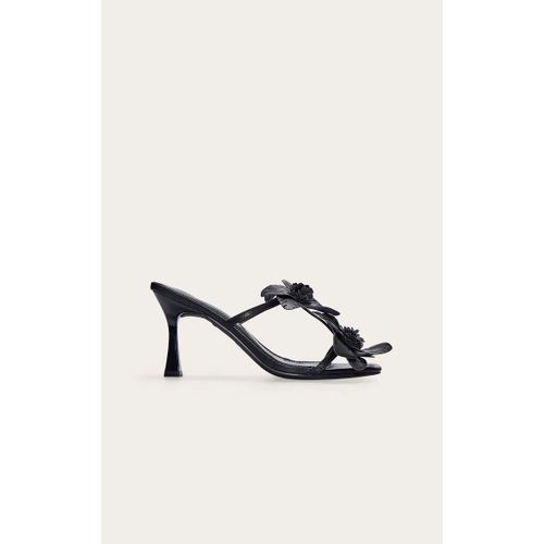 Mules À Talons Aiguilles Moyens, Bout Carré En Pu Noir Et Détails Floraux Multiples, Noir - 36
