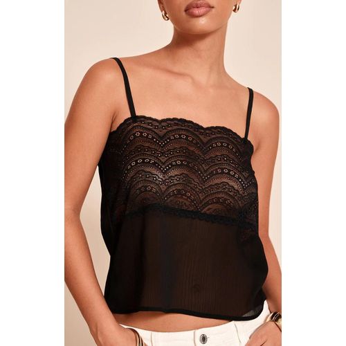 Débardeur En Mousseline De Soie Noire Transparente À Buste En Dentelle, Noir