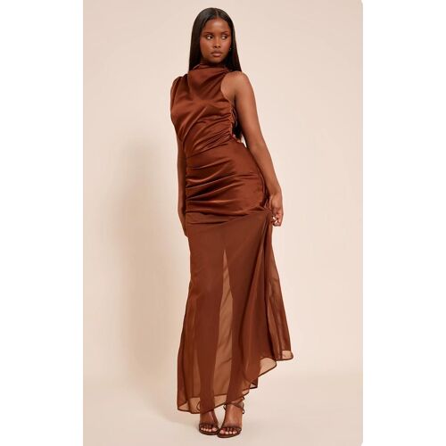 Robe Longue Satinée Chocolat Froncée À Partie Contrastée, Chocolat