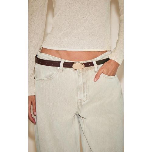 Ceinture Fine En Pu Chocolat À Boucle Martelée Dorée, Chocolat