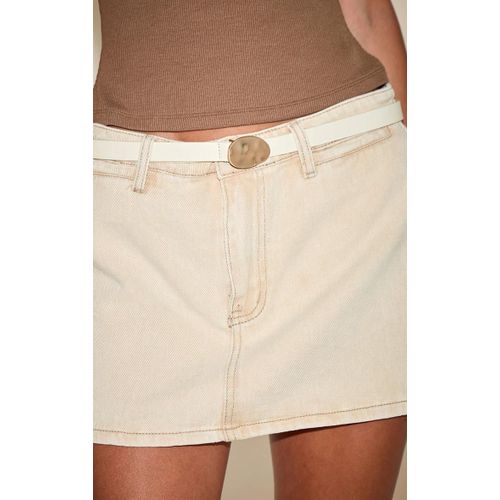Ceinture Fine En Pu Crème À Boucle Martelée Dorée, Crème