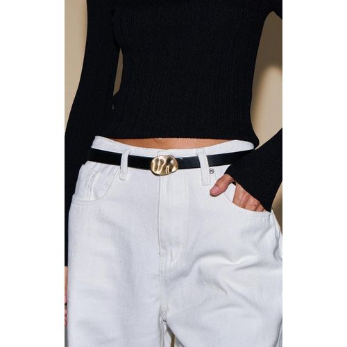 Ceinture En Pu Noir À Boucle Martelée Dorée, Noir