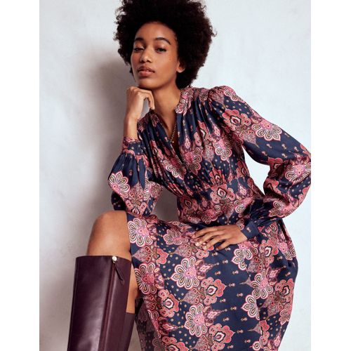 Robe Cassie Style 40s À Smocks-Bleu Marine, Motif Cachemire Ornementé