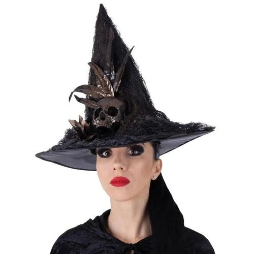 Chapeau De Sorcière - Fleurs Et Crânes - Ptit Clown - 23010 - Accessoire Déguisement Halloween, Cosplay, Fête - Noir Et Doré