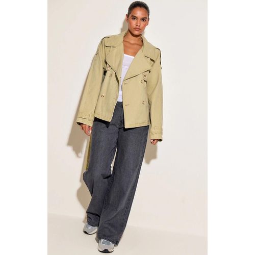 Trench Court En Jean Kaki Délavé À Boutons Et Ceinture, Kaki Délavé