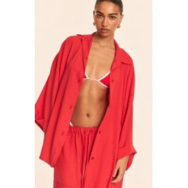 Chemise De Plage Oversize En Effet Lin Rouge À Épaules Tombantes, Rouge