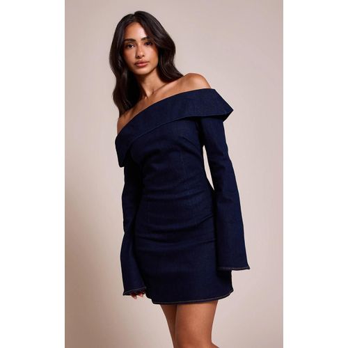 Petite Mini Robe Bleu Moyen Délavé À Manches Longues Et Détail Noué Asymétrique, Bleu Moyen Délavé