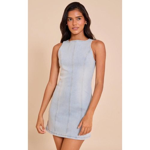 Mini Robe En Jean Bleu Clair À Col Nageur, Bleu Clair