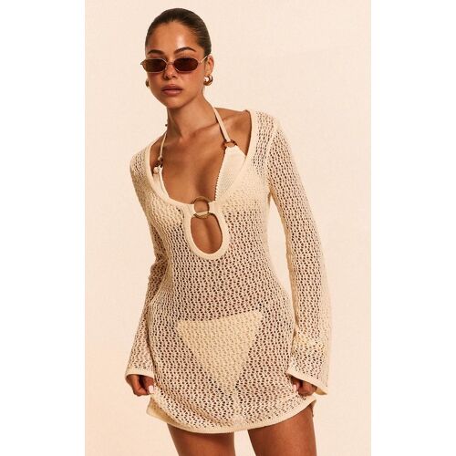 Mini Robe De Plage En Maille Style Crochet Crème À Anneau, Crème