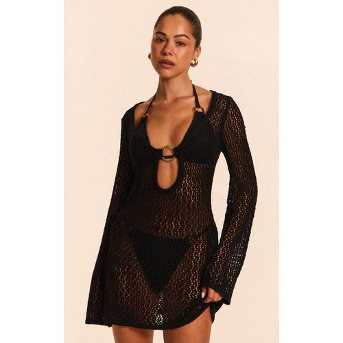 Mini Robe De Plage En Maille Style Crochet Noire À Anneau, Noir