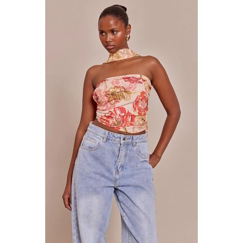 Top Bustier En Mousseline De Soie Multicolore Fleuri À Détail Foulard, Multicolore