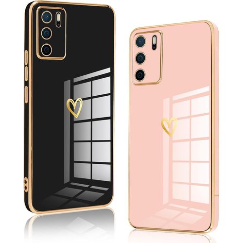 Lot de 2 coques pour Oppo A16/A16s/A54s (6,52 pouces) - TPU souple antichoc, motif coeur et bord doré, bords surélevés pour protection écran et caméra - Noir et Rose