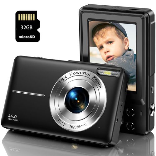 Caméra numérique compacte SZSMART DC403 pour enfants FHD 44MPIX zoom 16X écran 2,4 pouces + 32GB - noir