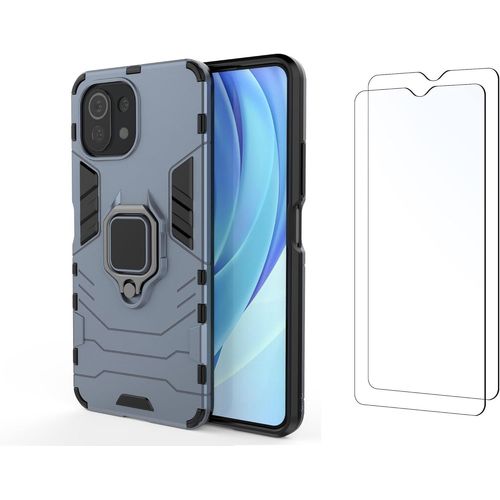 Pack 1 Coque Magnétique Antichoc Rigide + 2 Verres Trempés 9h Pour Xiaomi Mi 11 Lite 4g/5g/5g Ne - Support Rotatif / Anneau Magnétique, Bleu Marine