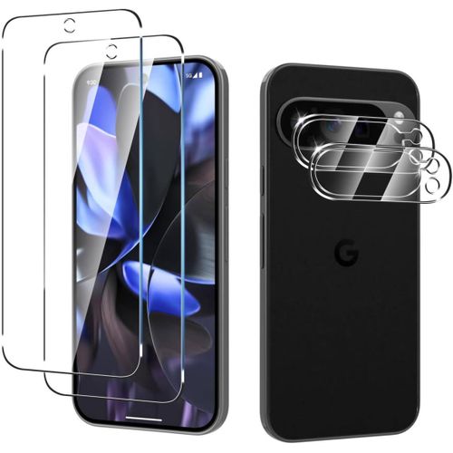 Verre Trempé Pour Google Pixel 9 Pro ¿ Pack 2+2 (2 Films Écran + 2 Protège¿Caméras), 9h Anti¿Rayures, Ultra Transparent 99%, Installation Facile Sans Bulles