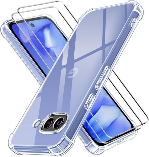 LORANKA-3 en 1 Coque pour Google Pixel 9A avec 2 Pièces Verre Trempé, Ultra Transparent Étui de Protection en Silicone Antichoc, Souple TPU Anti-Rayures Bumper Housse