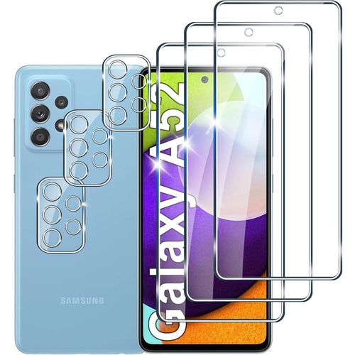 Pack 3+3 Verre Trempé 9h Pour Samsung Galaxy A52 - 3 Protège-Écrans + 3 Protections Caméra Arrière, Anti-Bulles, Anti-Rayures, Oléophobe