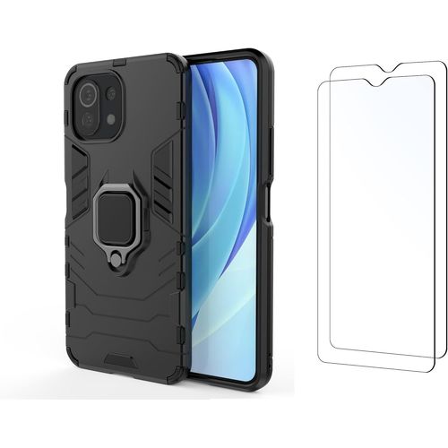 Pack Coque Magnétique + 2 Verres Trempés Pour Xiaomi Mi 11 Lite (4g/5g/5g Ne) - Antichoc Rigide Tpu+Pc, Support Anneau Aimanté, Noir