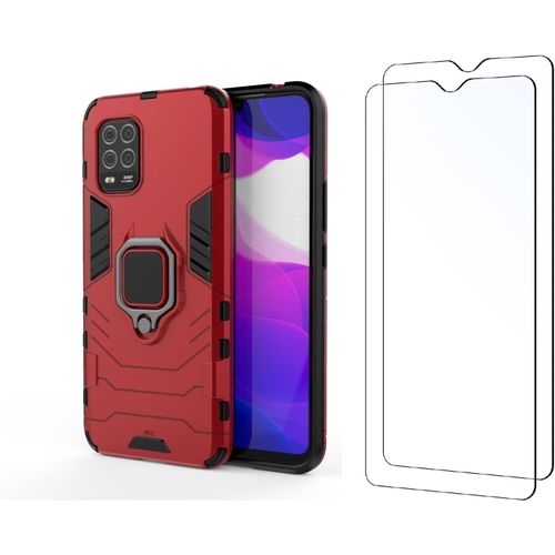 Pack Coque Magnétique + 2 Verres Trempés Pour Xiaomi Mi 10 Lite / Mi 10 Lite 5g ¿ Coque Antichoc Tpu+Pc Avec Anneau Rotatif Magnétique Et Bords Surélevés, Rouge
