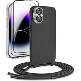 Coque Tpu Silicone Transparente Iphone 16 Plus + Chaîne Cordon Amovible Ppm Noir, 2 Films Écran Et Verre Caméra 9h