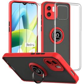 Pack 3-En-1 Coque Xiaomi Redmi A1/A2 (6,52"") Rouge - Étui Ring Stand + Coque Transparente + 2 Verres Trempés 9h