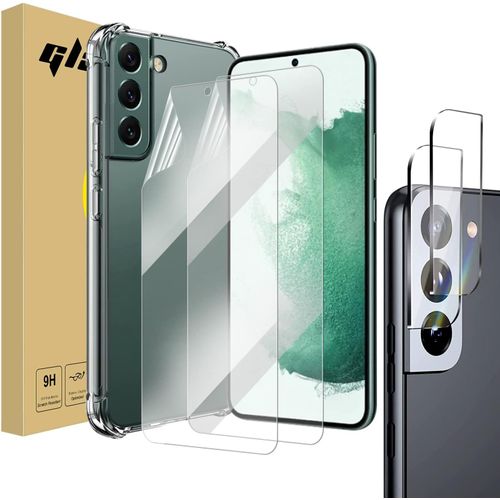 Pack 5-en-1 Coque Transparente Samsung Galaxy S22 - TPU Anti-chocs + 2 Films Protecteurs Écran (TPU) Compat. Lecteur d'Empreintes à l'Écran + 2 Verres Trempés Protection Caméra Anti-rayures