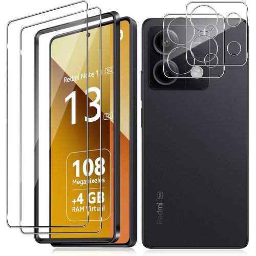 Protections Verre Trempé Pour Xiaomi Redmi Note 13 5g - Kit 2x Écran + 2x Lentille Avec Cadre D'installation, 9h Haute Définition, Oléophobe, Sans Bulles, Sensibilité Tactile Préservée