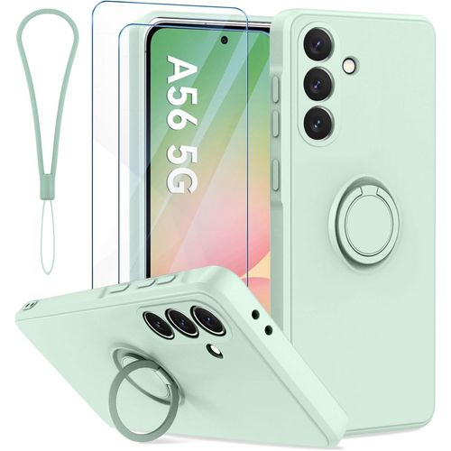 Coque Fine En Silicone Liquide Pour Samsung Galaxy A56 5g ¿ Protection Rehaussée Caméra, Anneau Rotatif 360° + 2 Verres Trempés 9h ¿ Cyan Antidérapant