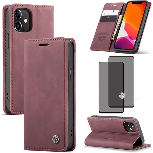 Coque Folio Portefeuille Rouge Pour Iphone 12 Mini (2020) ¿ Cuir Pu Magnétique, Coque Tpu, 2 Fentes Cartes + Poche Monnaie, Support Horizontal + Verre Trempé Hd (2 Pièces)
