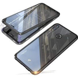 Coque Huawei Honor 8x Aimantée 360° - Double Verre Trempé Avant/Arrière, Cadre Aluminium Métal Bumper Protection Totale Transparent Noir