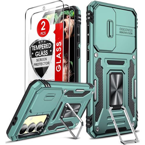 Coque Hybride Pc+Tpu Antichoc Pour Samsung Galaxy S24 Fe 5g - Cache Caméra Coulissant, 2 Verres Trempés, Anneau Métallique Compatible Support Magnétique, Vert Foncé