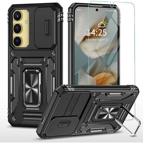 Coque Hybride Samsung Galaxy S25 Plus 5g ¿ Pc+Tpu Antichoc Renforcée, Verre Trempé Inclus, Anneau Kickstand & Plaque Magnétique, Protection Caméra Coulissante
