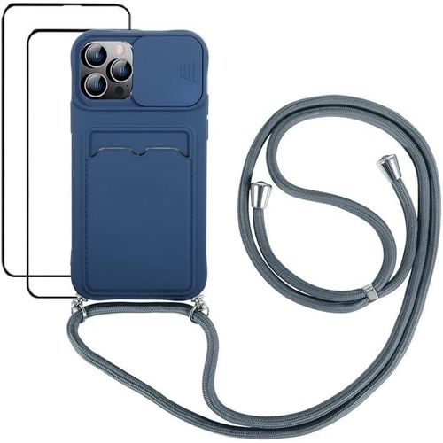 Coque Iphone 13 Pro Max (6.7) Silicone Tpu Souple + 2 Protège-Écrans, Protection Caméra Coulissante Anti-Rayures, Bumper Antidérapant Avec Cordon/Collier Réglable ¿ Bleu