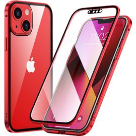 Coque Iphone 13 Mini 360° Magnétique Rouge - Bumper Aluminium & Dos Verre Trempé 9h Transparent Avec Protection Objectif