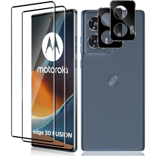 Verre Trempé 3d Pour Motorola Moto Edge 50 Fusion - Pack 2+2 (2x Écran Courbé + 2x Protection Lentille), Haute Définition 99,99%, Dureté 9h, Anti-Traces, Installation Sans Bulles