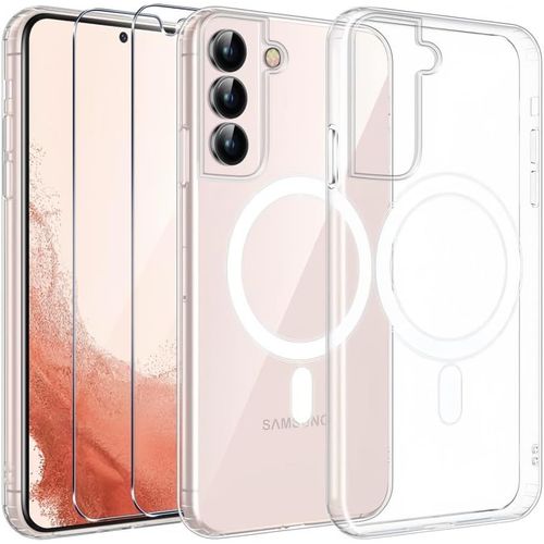 Coque Magnétique Compatible Magsafe Pour Samsung Galaxy S22+ ¿ Transparente + 2 Protège-Écrans En Verre Trempé 0,3 Mm