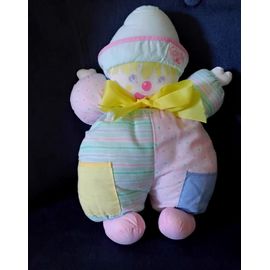 Corolle Doudou tissu clown Vintage Ancien blanc bleu chapeau ruban rose 35 cm