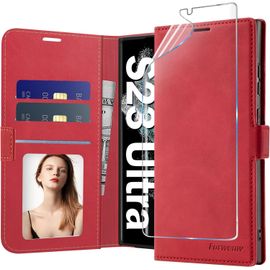 Coque Portefeuille En Cuir Pour Samsung Galaxy S23 Ultra - Magnétique, Antichoc Tpu, 3 Emplacements Cartes + Poche Billets, Support Intégré Et Protecteur D'écran Inclus (Rouge)