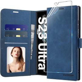 Coque Portefeuille En Cuir Premium Pour Samsung Galaxy S23 Ultra - Magnétique, Antichoc, 3 Emplacements Cartes + Poche Billets, Support Intégré, Anti-Rfid (Bleu)