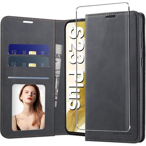 Coque Portefeuille Cuir Pour Samsung Galaxy S23 Plus ¿ Étui Antichoc Magnétique Avec 3 Emplacements Cartes, Poche Billets Et Support (Noir)