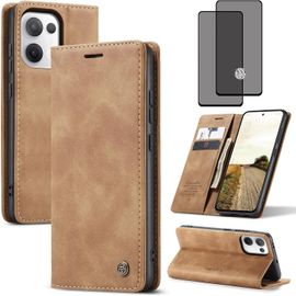 Coque Portefeuille Aimantée Pour Oppo Reno 13 - Cuir Synthétique Marron, Coque Tpu Souple, 2 Fentes Cartes + Poche Billets, Support Horizontal + 2 Verres Trempés Hd