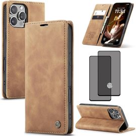 Coque Portefeuille Magnétique Premium Cuir Synthétique Pour Iphone 16 Pro Max - Coque Tpu Souple, 2 Emplacements Cartes + Poche Billets, Support Stand, Verre Trempé Hd Inclus