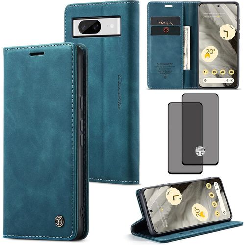 Coque Portefeuille Premium Pour Google Pixel 8 (2023) - Cuir Synthétique Bleu, Coque Tpu Magnétique, 2 Fentes Cartes + Poche Monnaie, Support Stand + Verre Trempé Hd