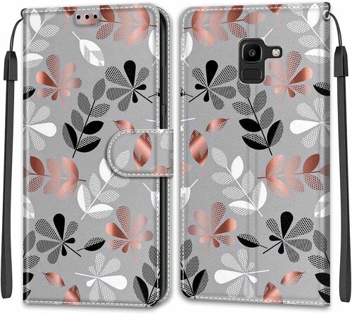 Coque Pour Samsung Galaxy J6 2018, Etui Samsung J6 2018, Housse De Galaxy J6 2018 En Cuir Pu, Etui Housse En Cuir De Protection Avec [Magnetique] Flip Portefeuille Antichoc Case(Feuilles)