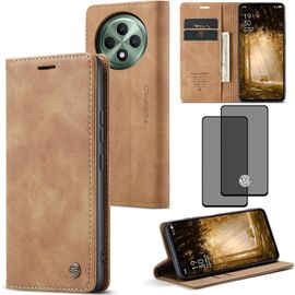 Coque Portefeuille Compatible Oppo Reno 12f¿5g / Reno 12fs¿5g - Étui Cuir Synthétique Brun, Fermeture Magnétique, 2 Fentes Cartes + Pochette Monnaie, Support Horizontale + 2 Verres Trempés