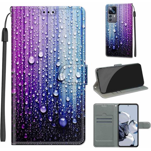 Coque Compatible Pour Xiaomi 12t/12t Pro Etui Silicone Pu Cuir Magnetique Clapet A Rabat Support Motif Dr?Le Avec Cordon Portefeuille Kickstand Bumper Housse Cover, Bleu Violet