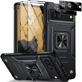 Coque Pour Google Pixel 7 - Kit Complet (Coque Antichoc Qualité Militaire + Verre Trempé + Protecteur D'objectif) Avec Anneau Support Rotatif 360° - Noir