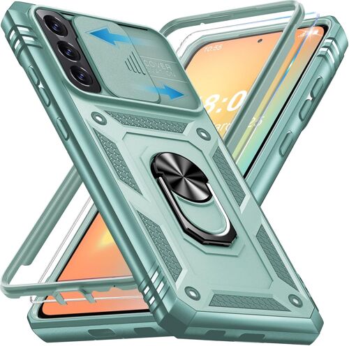 JGD-Coque pour Samsung Galaxy S21 avec Verre Trempé, 360° Antichoc Étui de Militaire Protection Anneau Support Renforcée Armure Telephone Housse pour Samsung S21 5G Case (Vert Menthe)