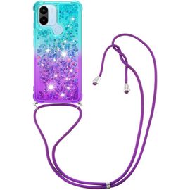 Coque Profil Fin En Silicone Tpu À Paillettes Liquides Pour Xiaomi Redmi A1 / A1+ Avec Cordon Tour De Cou Réglable 130 Cm - Lanière Nylon & Fermoir Métal, Violet/Vert